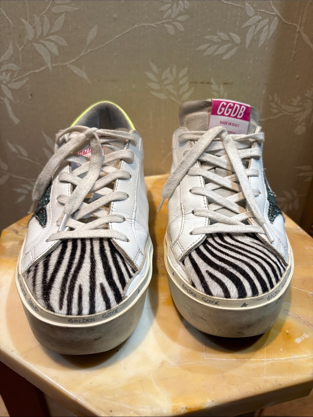 Golden Goose High Star Golden Zebra with Neon Yellow Heel and Black Glitter Star